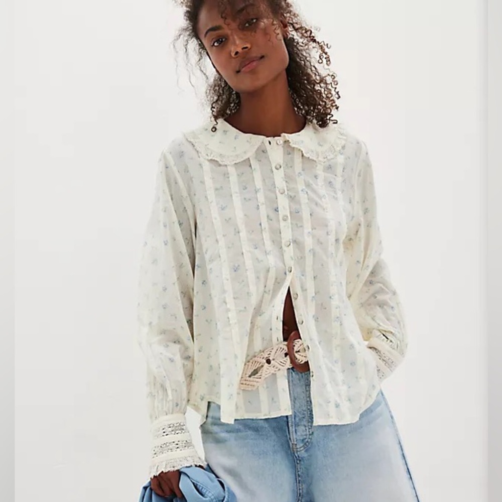 RARE Like New Free People Emmeline Button-Down Blouse Cream Lace-Trim XS Floral
